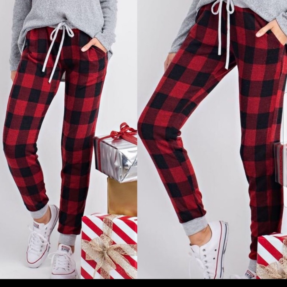 Plaid Buffalo print joggers jogging pants pockets - Picture 3 of 6